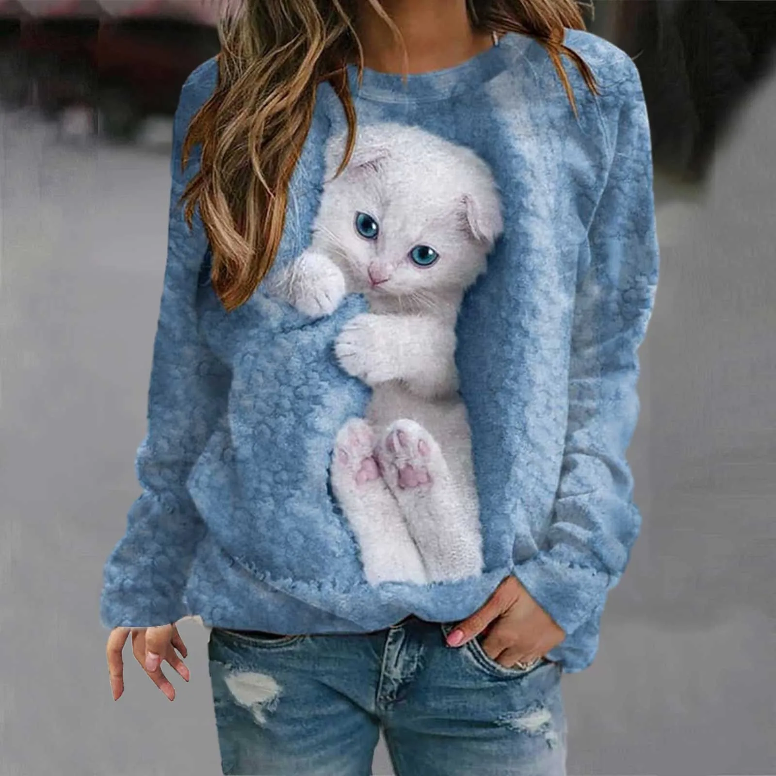 

3d Cat Print Kawaii Kitty Animal Hoodies Women O-Neck Sweatshirt Autumn Winter Casual Streetwear Fleece-Lined Pullover Sudaderas