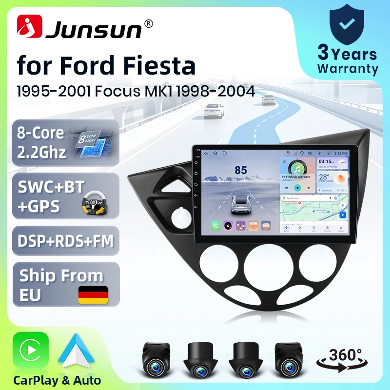 Systèmes stéréo intelligents pour autoradio Junsun 9 pouces pour Ford Fiesta 1995-2001 Focus Mk1 1998-2004, caméra 360°, Android 15, CarPlay sans fil, commande vocale IA, écran tactile IPS, lecteur multimédia intelligent, unité principale 2 Din, GPS, Mirror Link, Bluetooth, WIFI