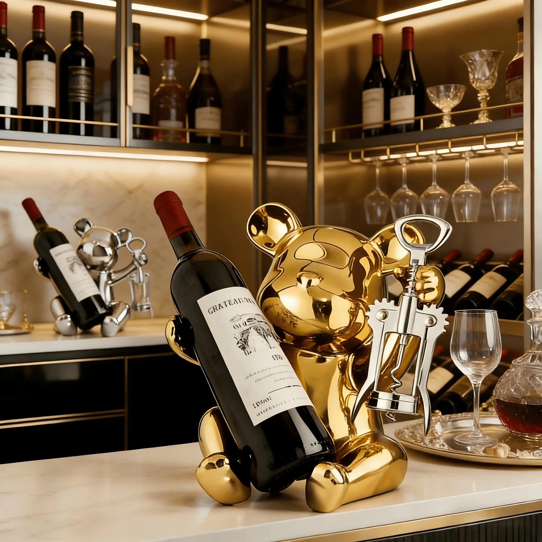 

Electroplated Bear Ceramic Wine Rack with Bottle Opener, suitable for living room, bar and kitchen storage and organization.