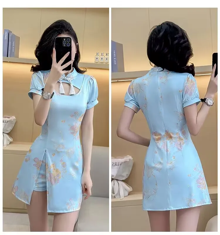 Elastic Modified Cheongsam High Quality Gentle Chinese Style Suit for Young Girls Flexible Fit Traditional Dress and Shorts