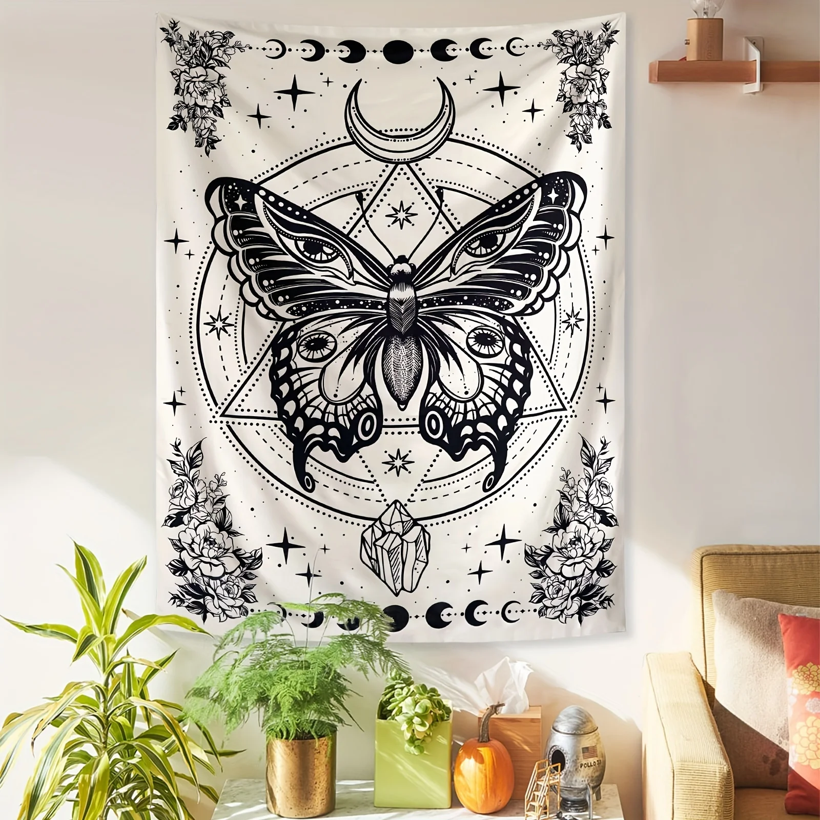 1pc Vertical Hanging Black-White Bohemian Butterfly & Moth Tapestry | Retro Gothic Wall Decor with Wing & Floral Pattern
