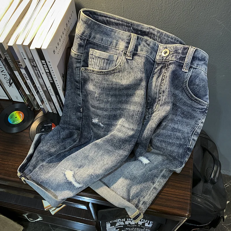 2024Summer new denim shorts men's fashion brand blue shortsinskorean style printed stretch Bermuda shorts