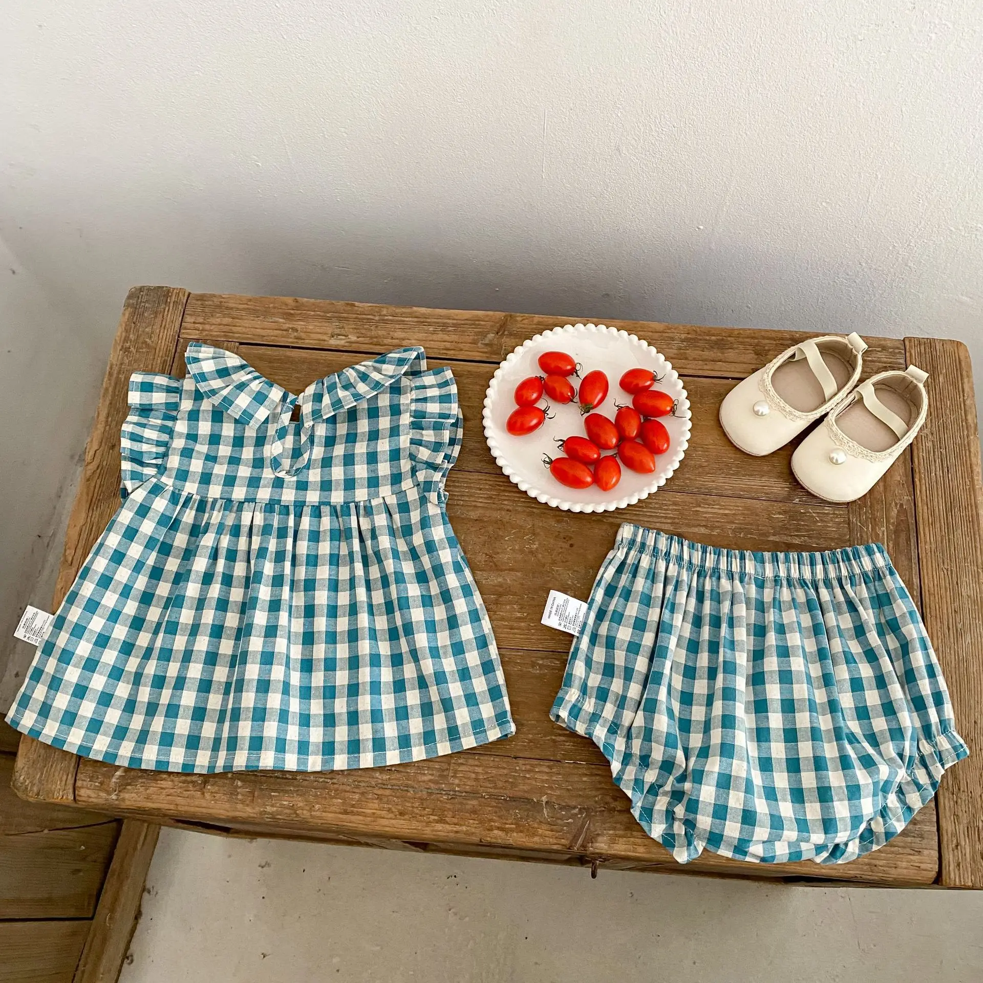 Baby Girl Summer Set Korean Style Infant Clothing Summer Outfit Cute Toddler Girl Short Sleeve Plaid Pants Two-Piece Thin Set