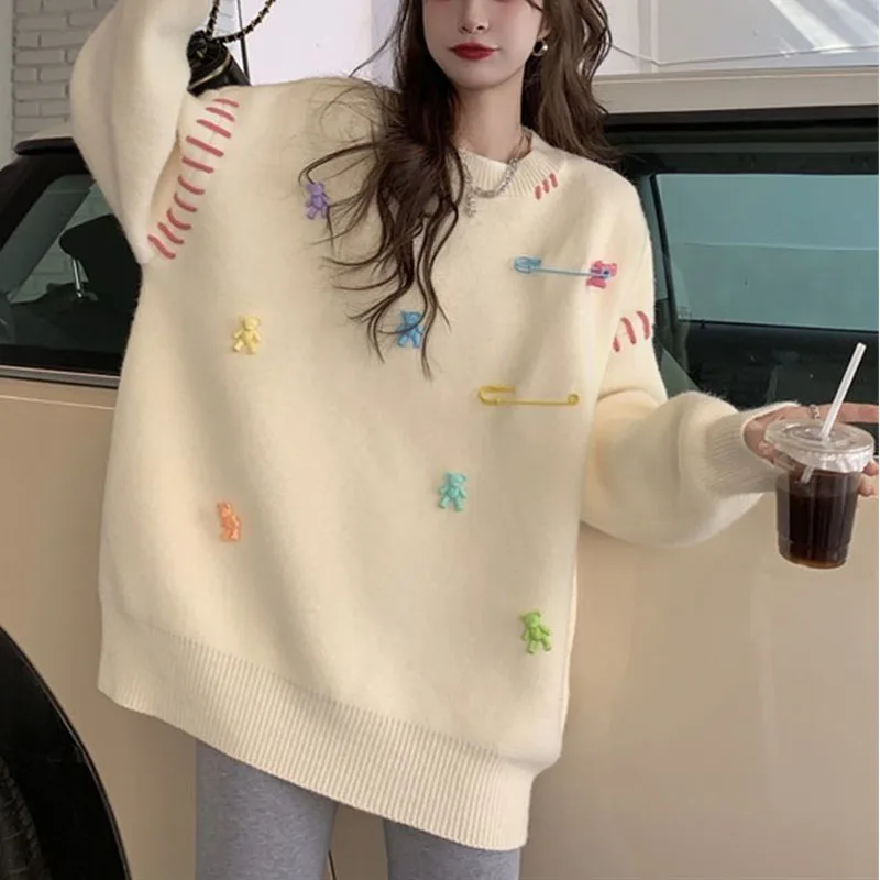 Autumn Winter New Women\'s Versatile Pullovers Crew Neck Little Bear Embroidery Loose Sweaters Fashion Casual Long Sleeve Tops