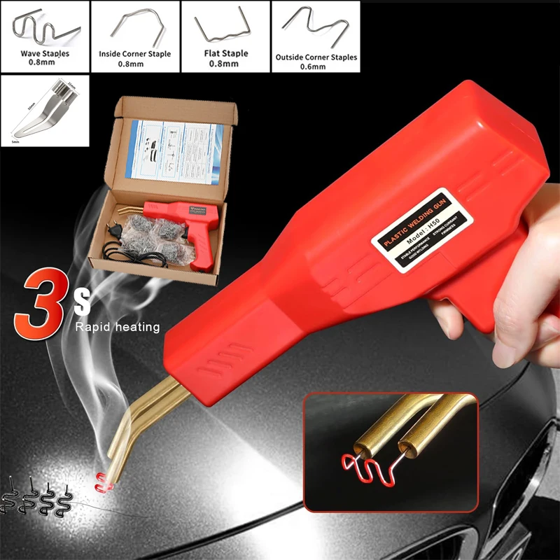 Soldador de plástico, máquina de soldadura, pistola de soldar para parachoques de coche con cabezal liso, 4 tipos de grapas para parachoques, Kayak, reparación de productos de plástico