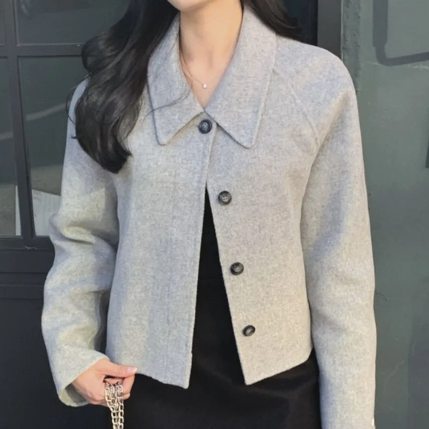 

Chic Autumn Winter Thiened ort Coat Women's Korean Sle Commute Loose Fit Woolen Jaet Turn-down Collar Casual Outerwear