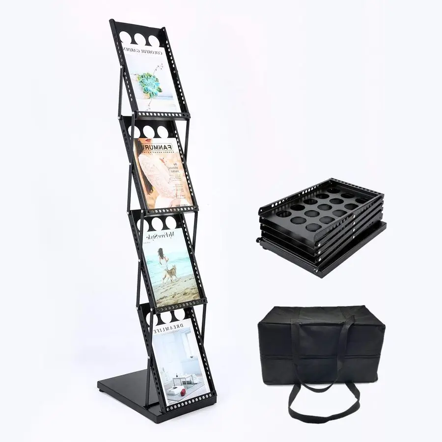 

4Tier Brochure Literature Display FloorStand Rack with Adjustable Pockets. Portable Collapsible Design with Carry Bag for Trade