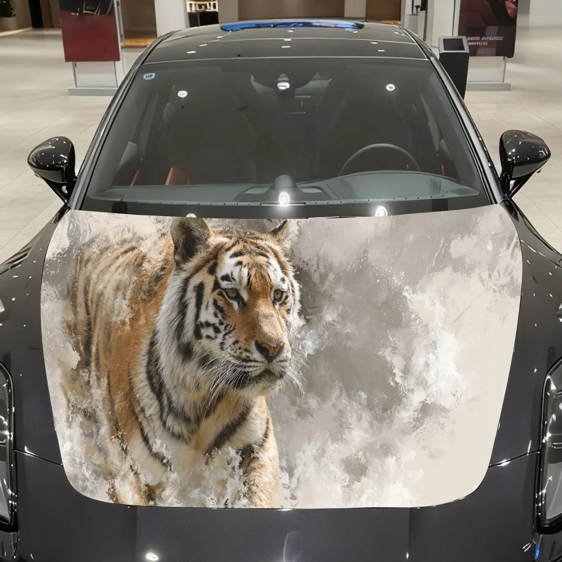 Car Decals A Tiger In Dynamic Walking Posture Close - Up With Watercolor Textures, Distinct Stripes And Energetic Visual Appeal