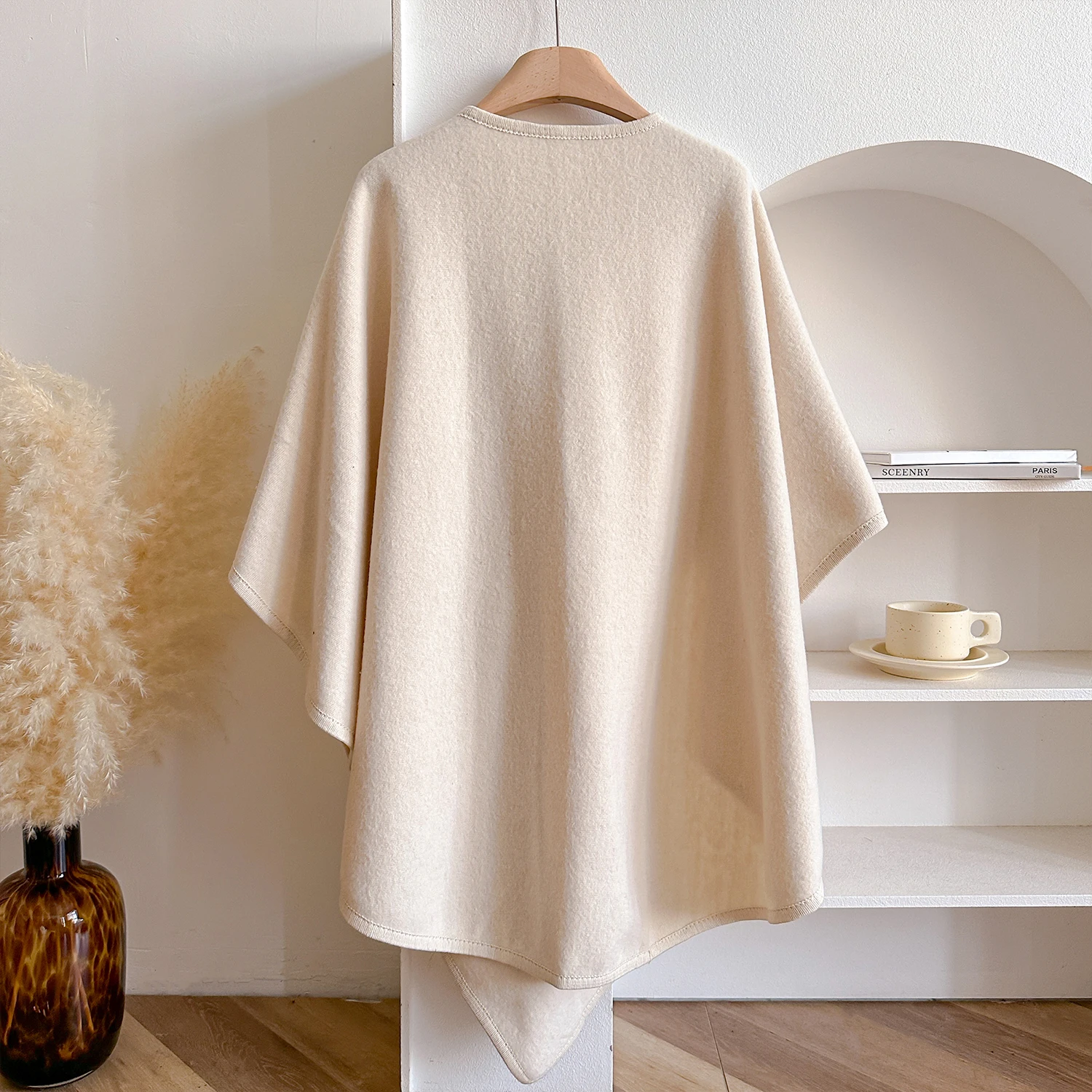 Solid Color Knit Poncho Wrap, Ladies Soft Warm Cape Shawl with Tie Closure Casual Outwear