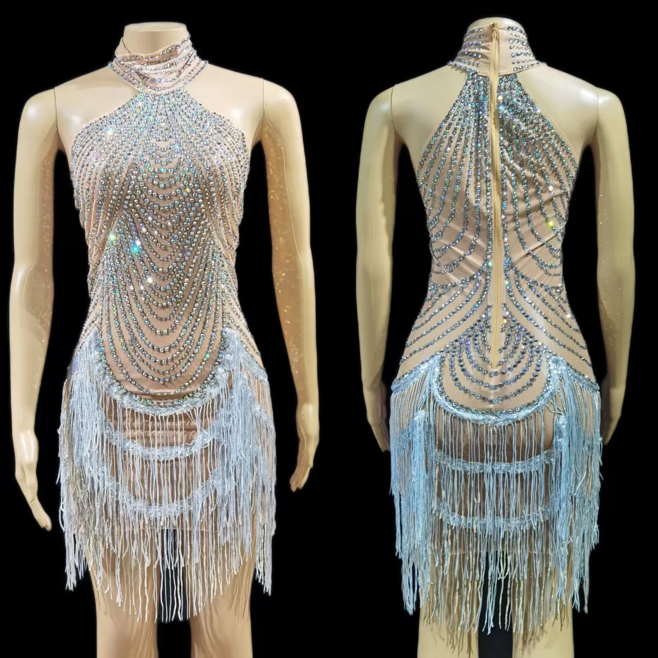 

Water diamond tassel dress, female singer's performance dress, host's performance dress, dance performance dress