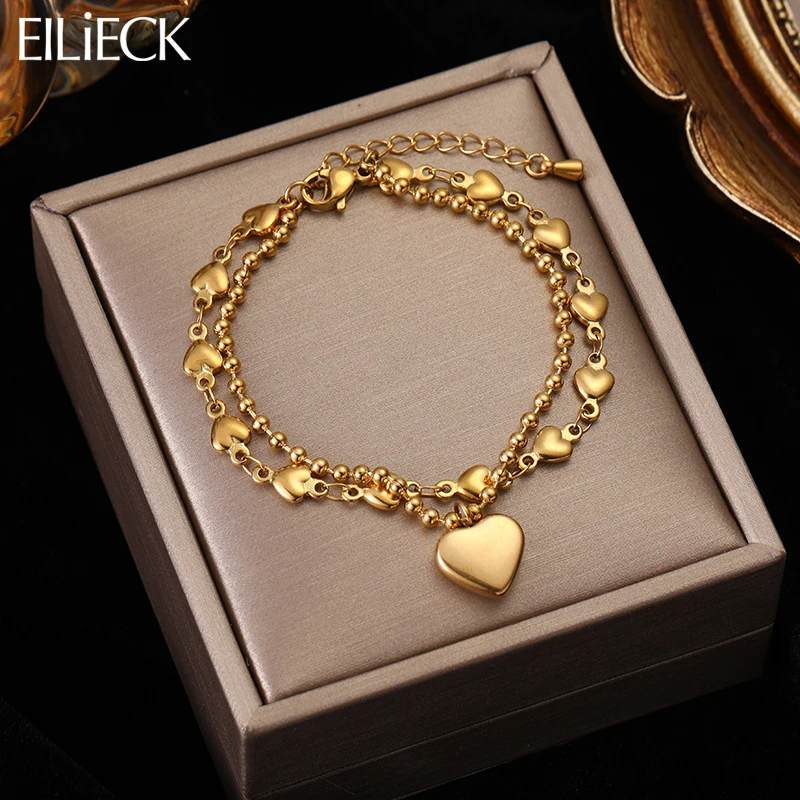 EILIECK 316L Stainless Steel 2-Layer Heart Charm Bracelet for Women High Quality Non-fading Gold Color Wrist Jewelry Party Gifts