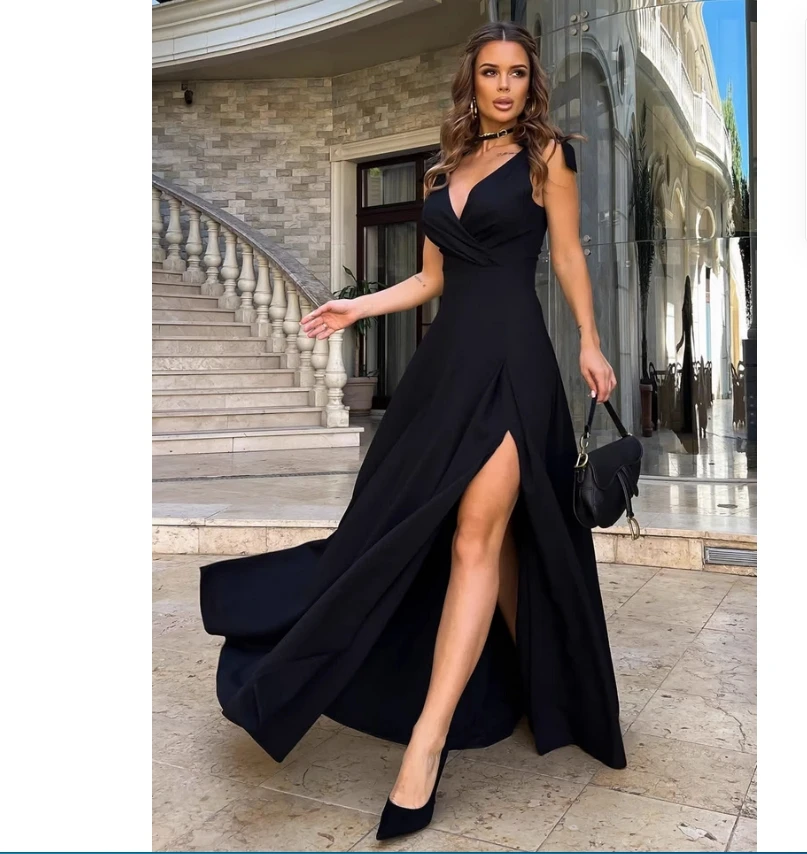 

Amazon Europe and America 2025 Summer New V-neck Solid Color Sleeveless Dress Women's Party Dress Evening Dress