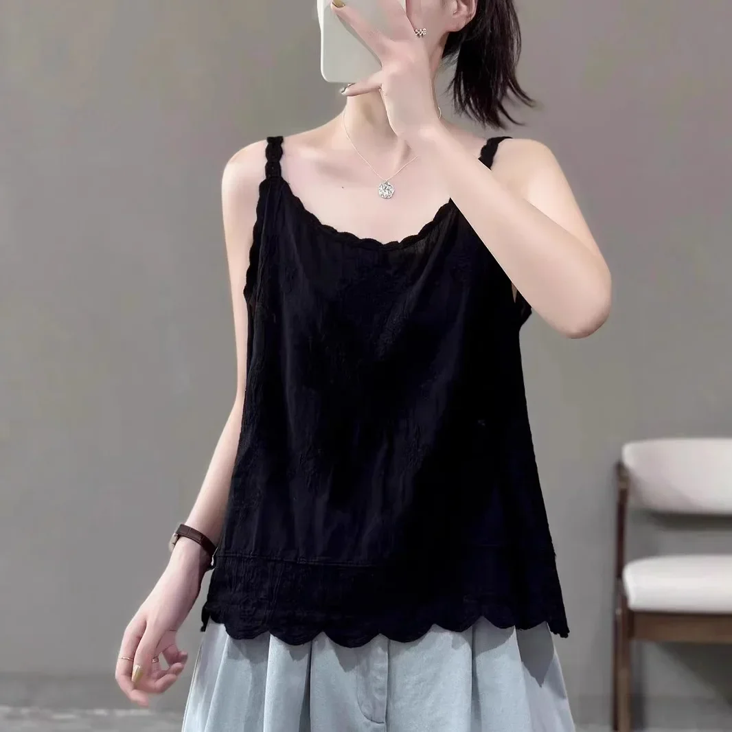 Pop Pop Retro Artistic Style Embroidered Lace Tank Top Women Summer Elegant Loose Slimming Sleeveless Vest Cotton Made In China