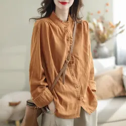 2024 Spring Autumn New Cotton Linen Blouse Crew Neck Button Spliced Ruffles Elegant Loose Casual Long Sleeve Women's Shirt Tops