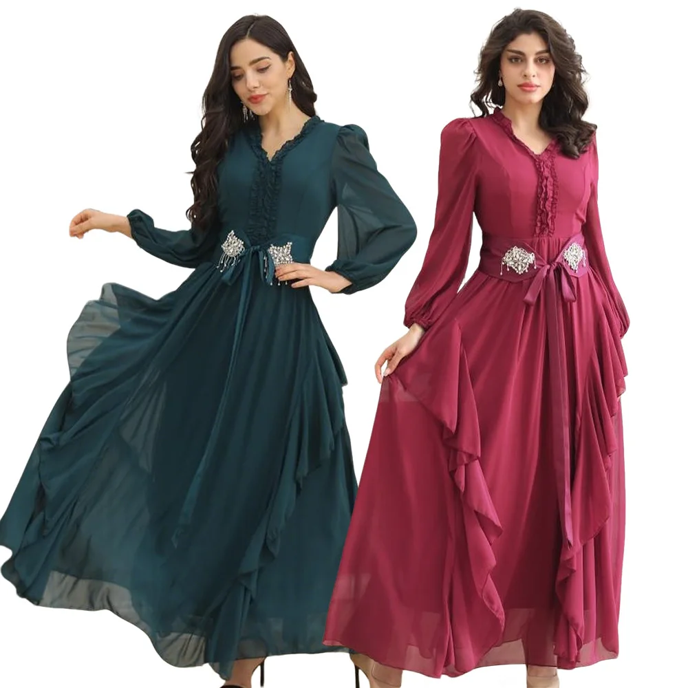 

2026 Spring Summer Muslim Women's Middle Eastern Robe Maxi Dress Gown Ruffle Hem Evening Dress Outfit Clothing