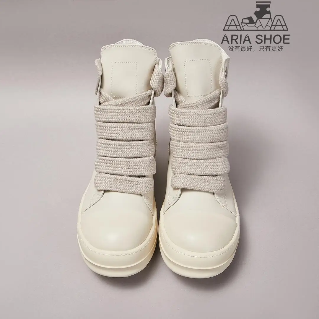 Ricks Men Shoe Thick Shoelaces Ivory White Leather High Top Sneakers Owens Women Shoe Lace Zipper Owens Luxury Casual Ankle Boot