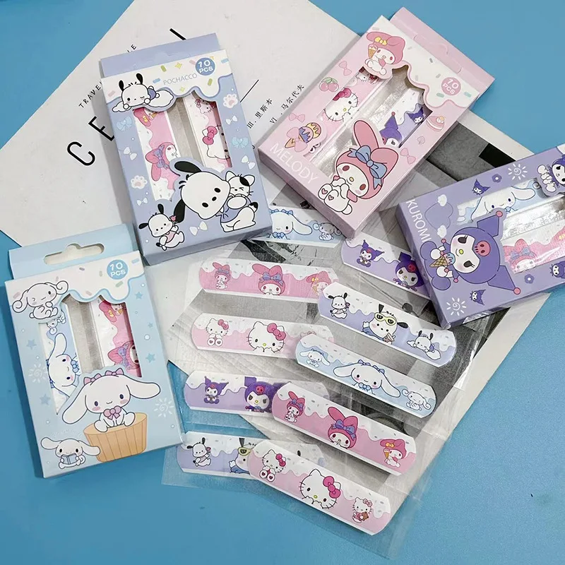 10pcs/box Anime Sanrios Band-Aid Kawaii Kuromi Hello Kitty Cinnamoroll My Melody Doll Waterproof Breathable Wound Bandages Patch