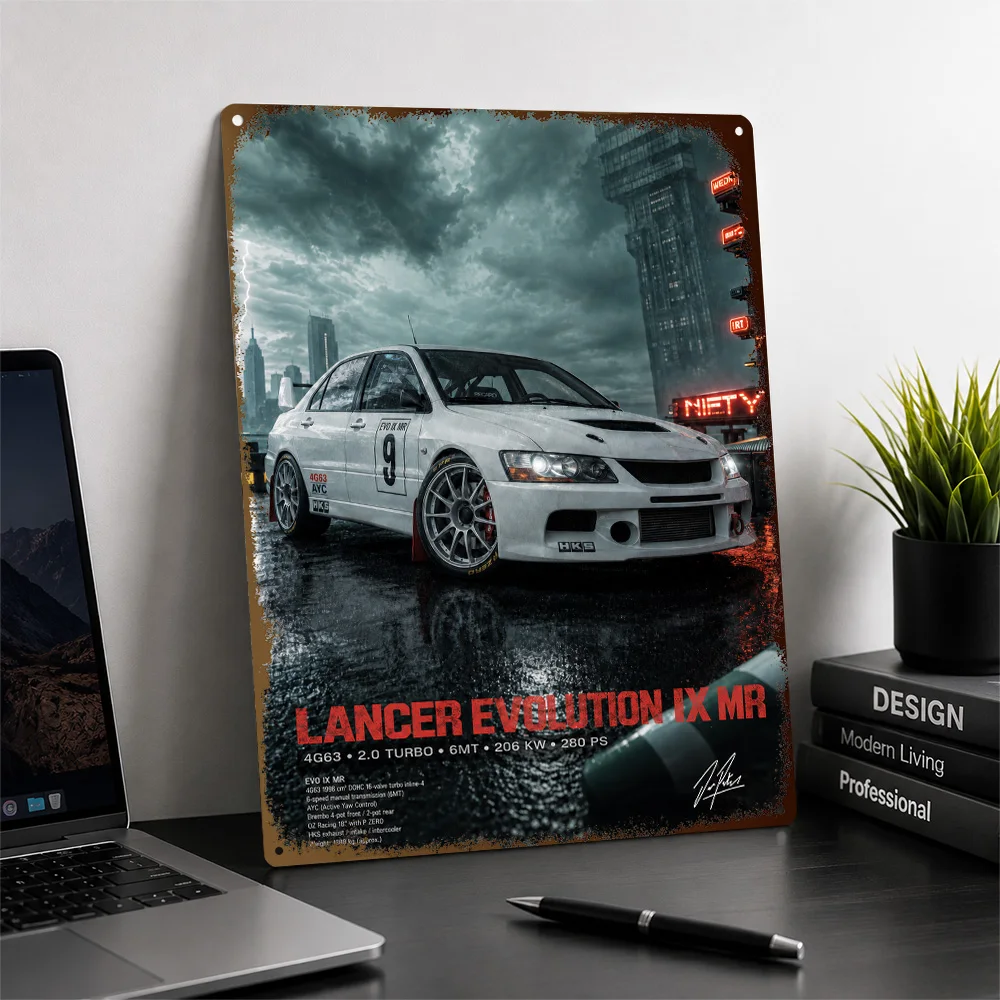 Japan Lancer Evolution IX MR White Rally Car Aluminum Poster Customized Metal Tin Sign Paddock Style Wall Art Ideal For Office