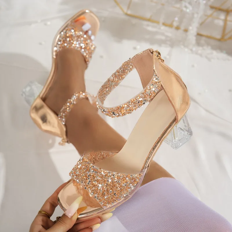 

Women Sandals New Golden Silvery Sequin Thick Heel Sandals Temperament Transparent Crystal Heel Open-toed Sandal Sandalias Mujer