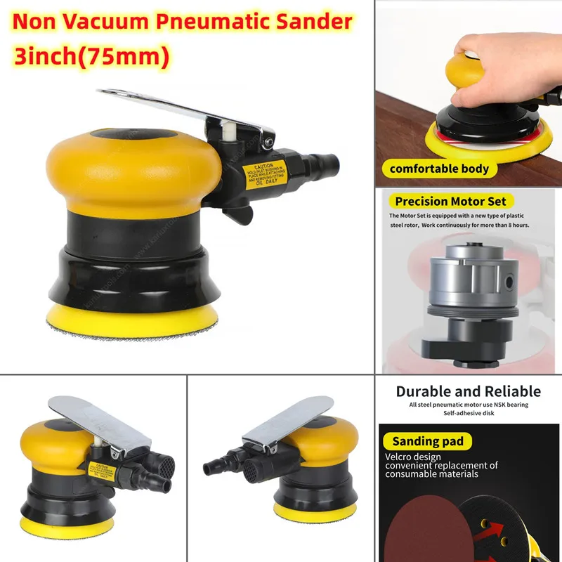 3 Inch(75mm)Air Orbital Sander Machine High Speed VACUUM Pneumatic Polisher Grinder Low Vibration Small Noise Palm Sanding Tools