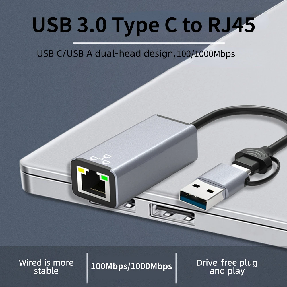 

100/1000Mbps Network Card Dual Interface Type C USB to RJ45 Converter Wired Gigabit Ethernet Lan Adapter For Macbook Laptop PC