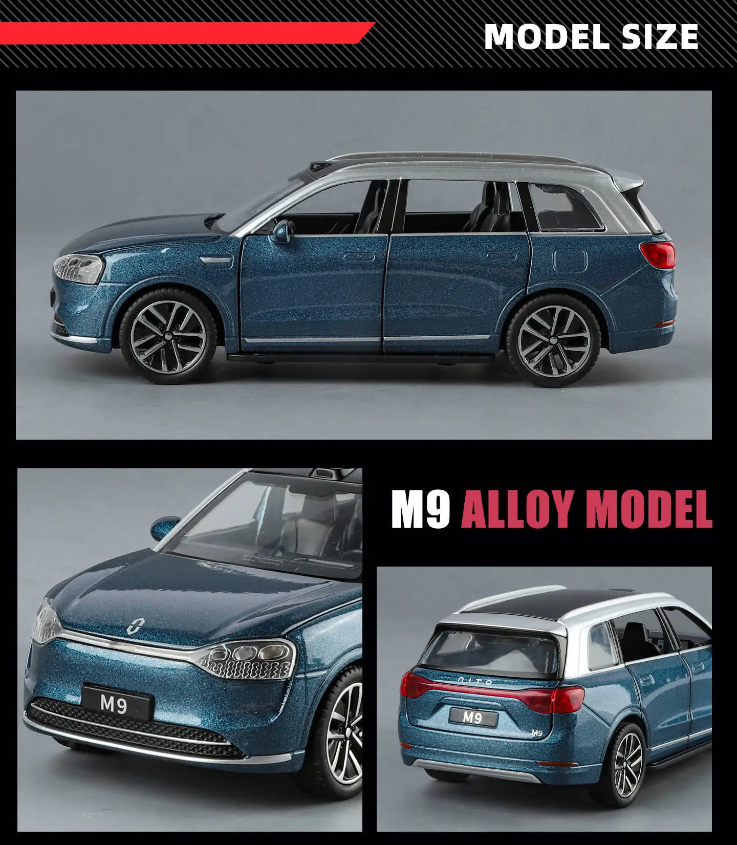 1:32 AITO M9 سبيكة على الطرق الوعرة نموذج مركبة التراجع الصوت والضوء متجر الألعاب مركبة الأعمال زينة زخرفية