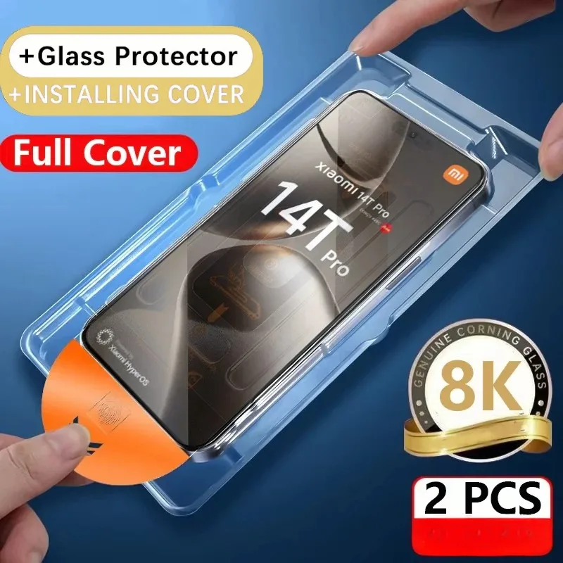 2PCS 8K Dust Free Glass For Xiaomi 14T 14 13 12T Pro HD Oleophobic Coating Screen Protector Easy Installation Protective Glass