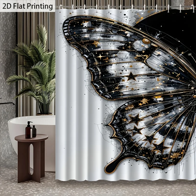 2D Flat, 2D Flat, 1pc with Hook, Abstract Style Butterfly Wing Pattern, 2D Flat Shower Curtain, Machine Washable, High-End Elega