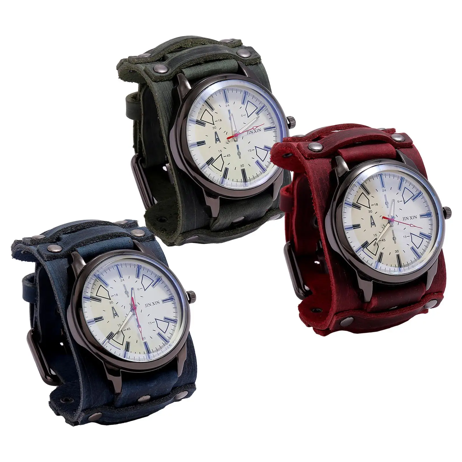 Mens Genuine Leather Strap Watch Bracelet Cuff Cowhide Band Retro Wrist Watch for Casual Wear