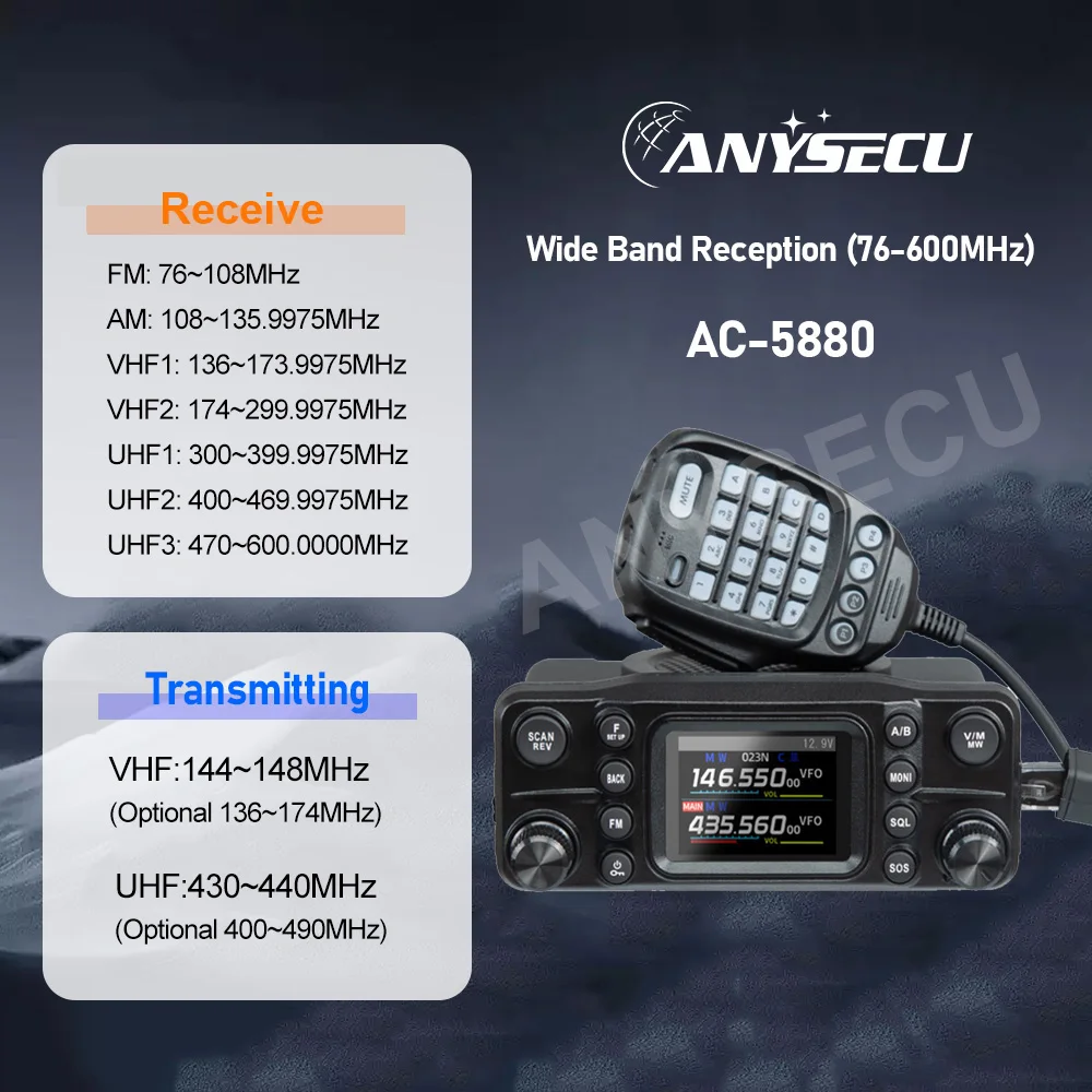Anysecu AC-5880 50W Banda AM ad alta potenza Ricevi ricetrasmettitore da pannello staccabile Display HD 2.0 VHF UHF Radio mobile dual band