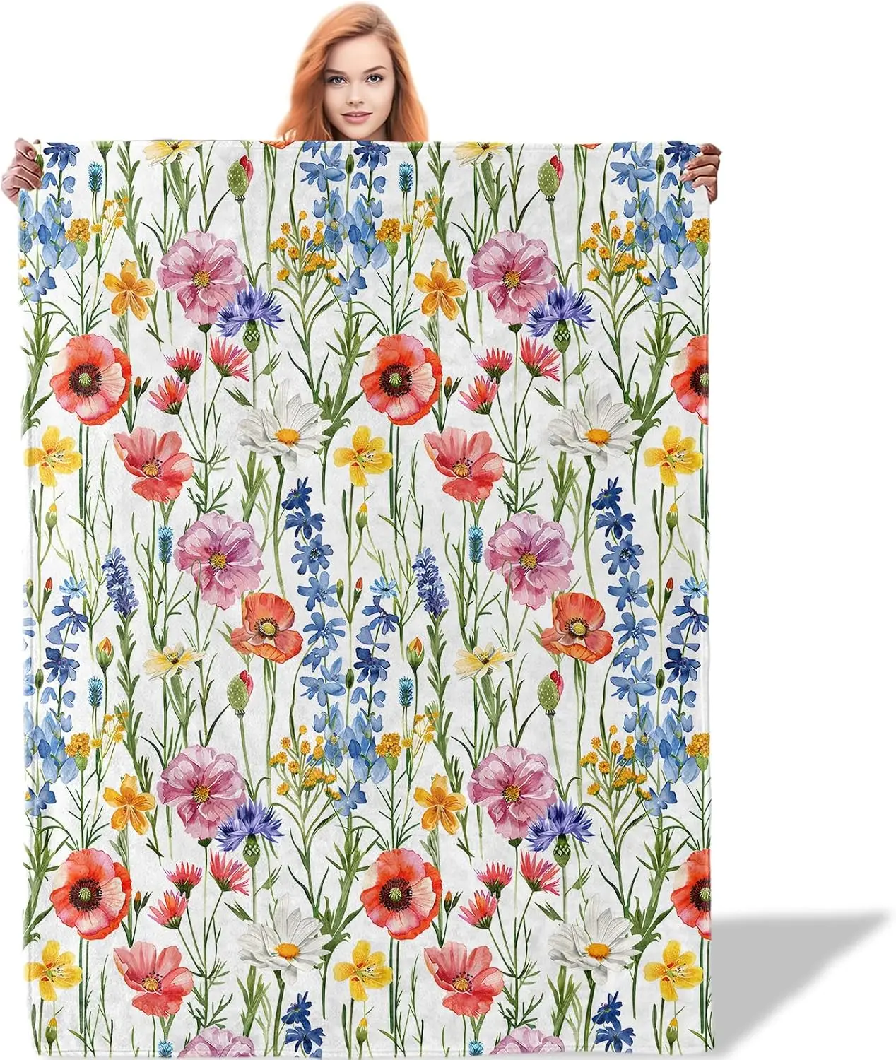 Watercolor Poppy Wildflower Flannel Throw Blanket White Base Mixed Floral Print Soft Warm Blanket for Sofa Bedroom Gift