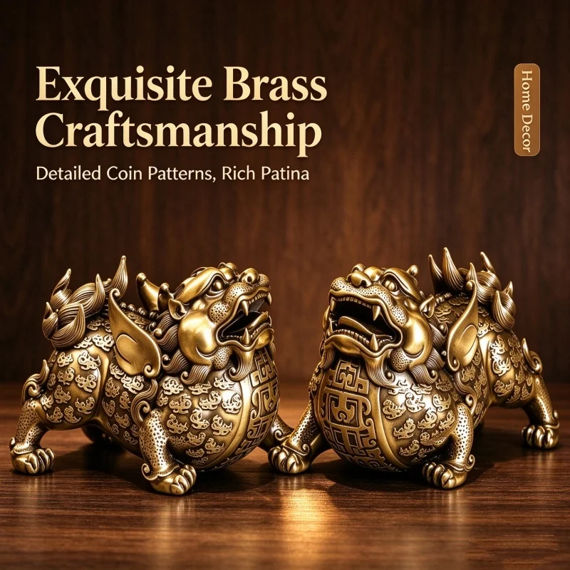 Brass Pixiu Pair Statue Chinese Feng Shui Pi Yao Figurine Wealth Guardian Desktop Ornament Home Office Shop Decor Lucky Gift