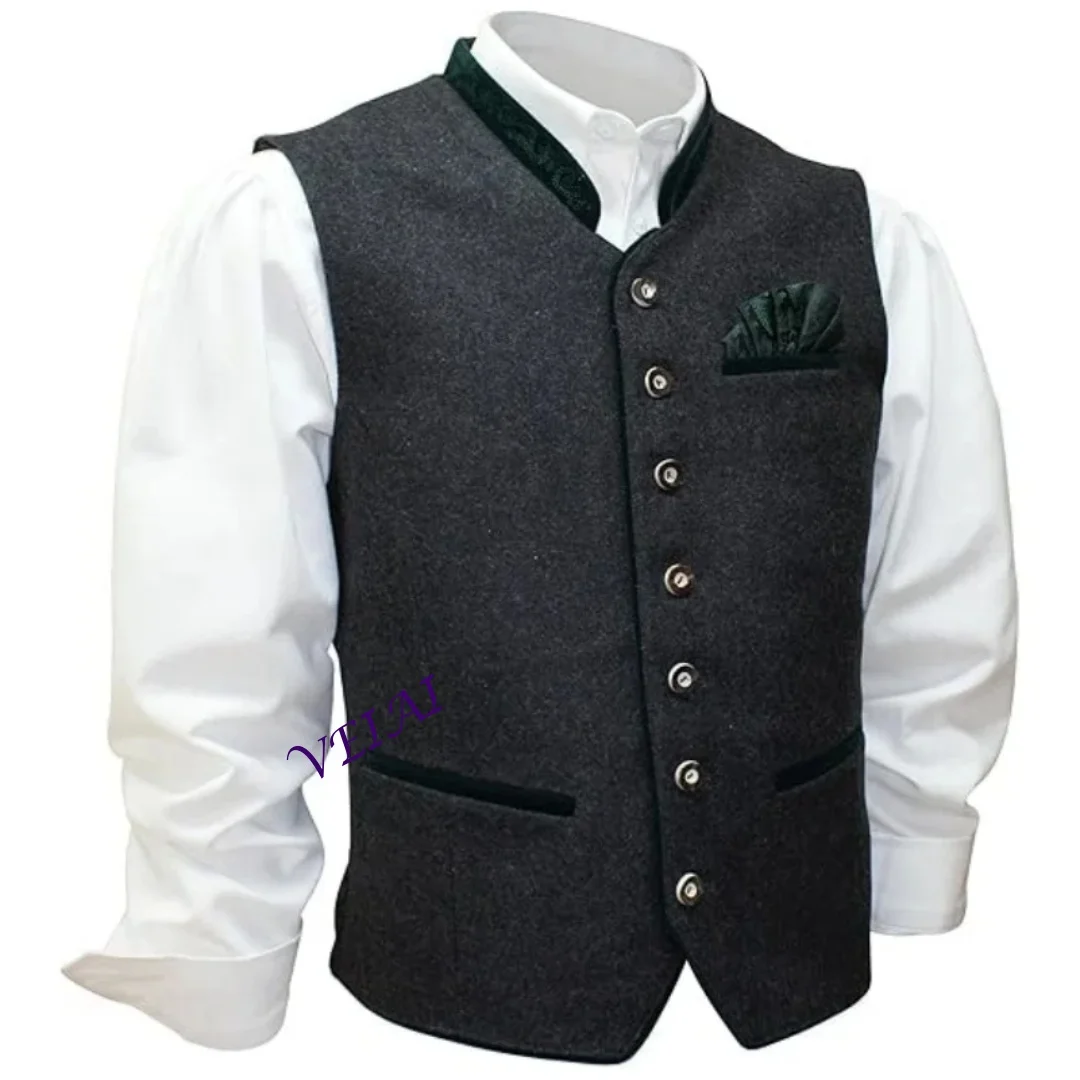 

Индивидуальный мужской элегантный деревянный жилет — традиционный жилет без рукавов с парчовым карманом и квадратным карманом | Антрацитовый серый свадебный жилет,