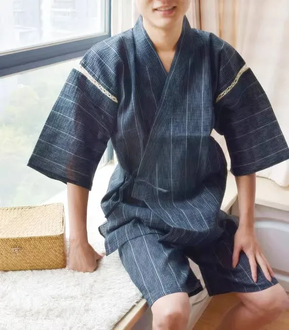Men Japanese Style Customized Kimono Pajamas Suit Short-sleeved Shirt Pants Set Cotton Loose Fit