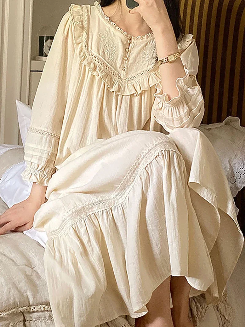 Women Victorian Sleepwear Pure Cotton Vintage Nightgowns Robe Ruffles Nightie Long Night Dress Romantic Princess Nightdress