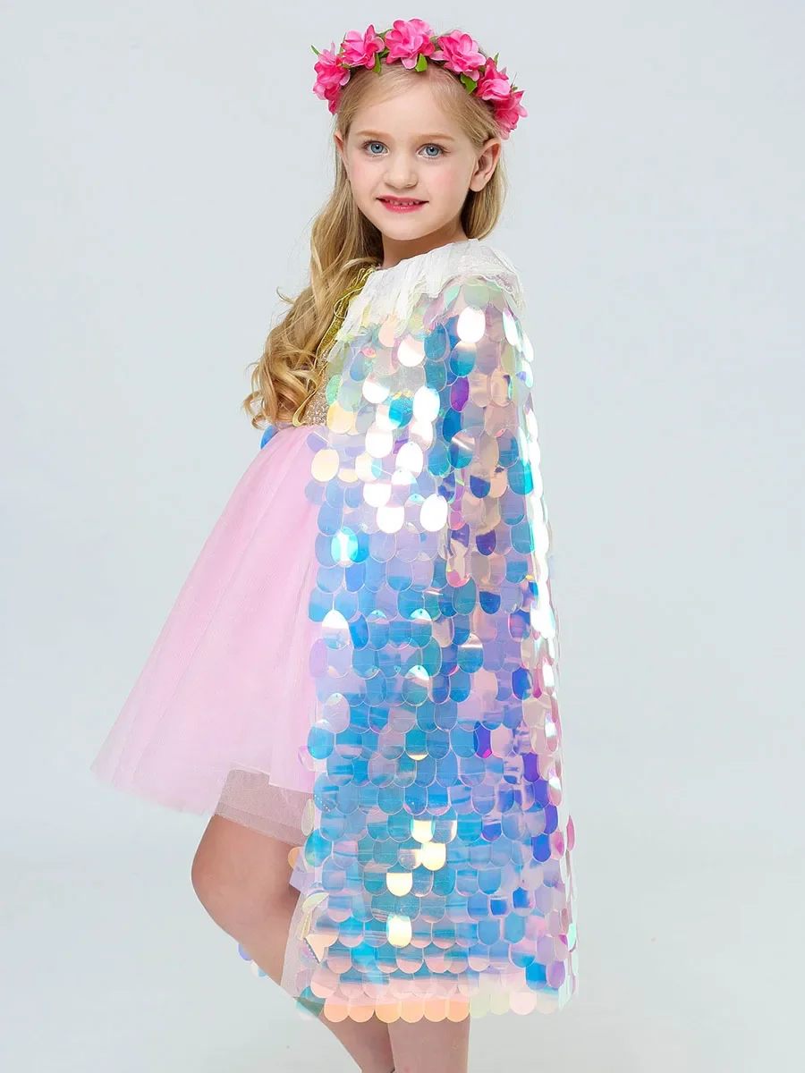女の子のためのスパンコールの変装,「プリンセスパーティー,プロの生地,人魚のケープ,モダンなダンス,ステージパフォーマンスの衣装,かわいい,新しい