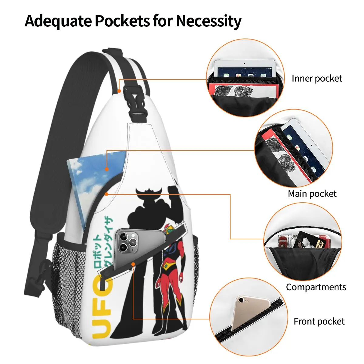 Grendizer UFO Robot Crossbody Sling Bag Small Chest Bag anime japan Shoulder Backpack Daypack for Travel Hiking Sports Bag