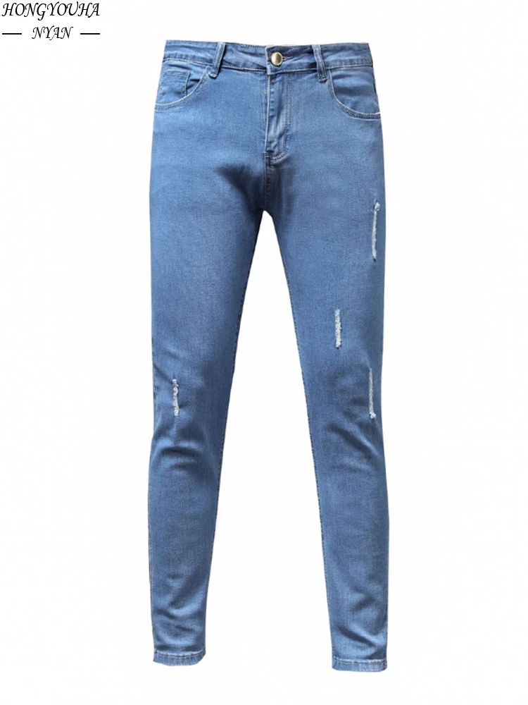 Calça Jeans Azul de alta Qualidade para Homens Stretch Sexy Calça Jeans Biker Desgastada Calças Lápis Slim Fit Skinny Jean Street Casual Calças Jogging