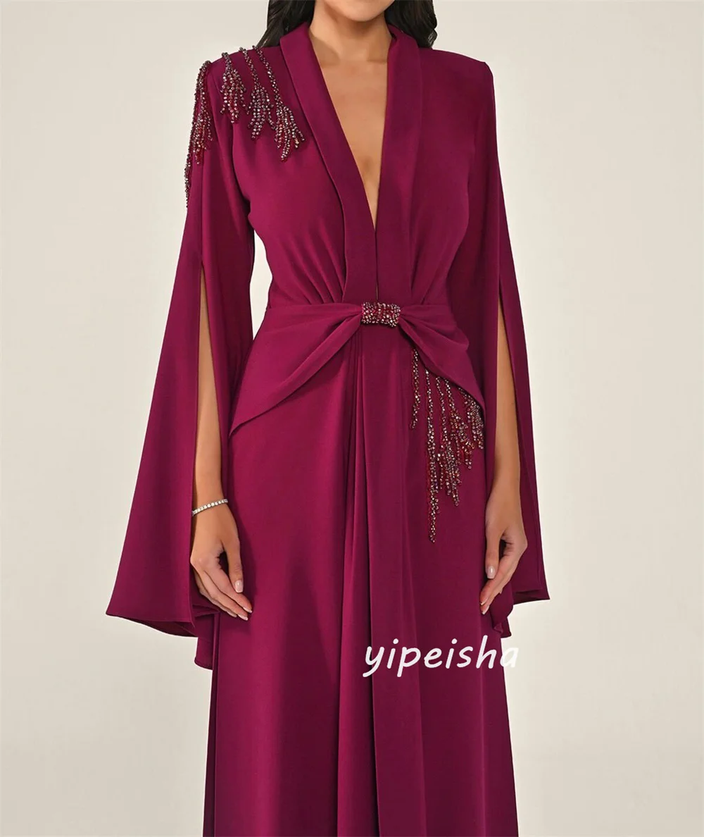 Customized Modest Fashion Jersey Pleat Rhinestone A-line V-neck Long Dresses Evening Dresses Exquisite Sizes Available Formal