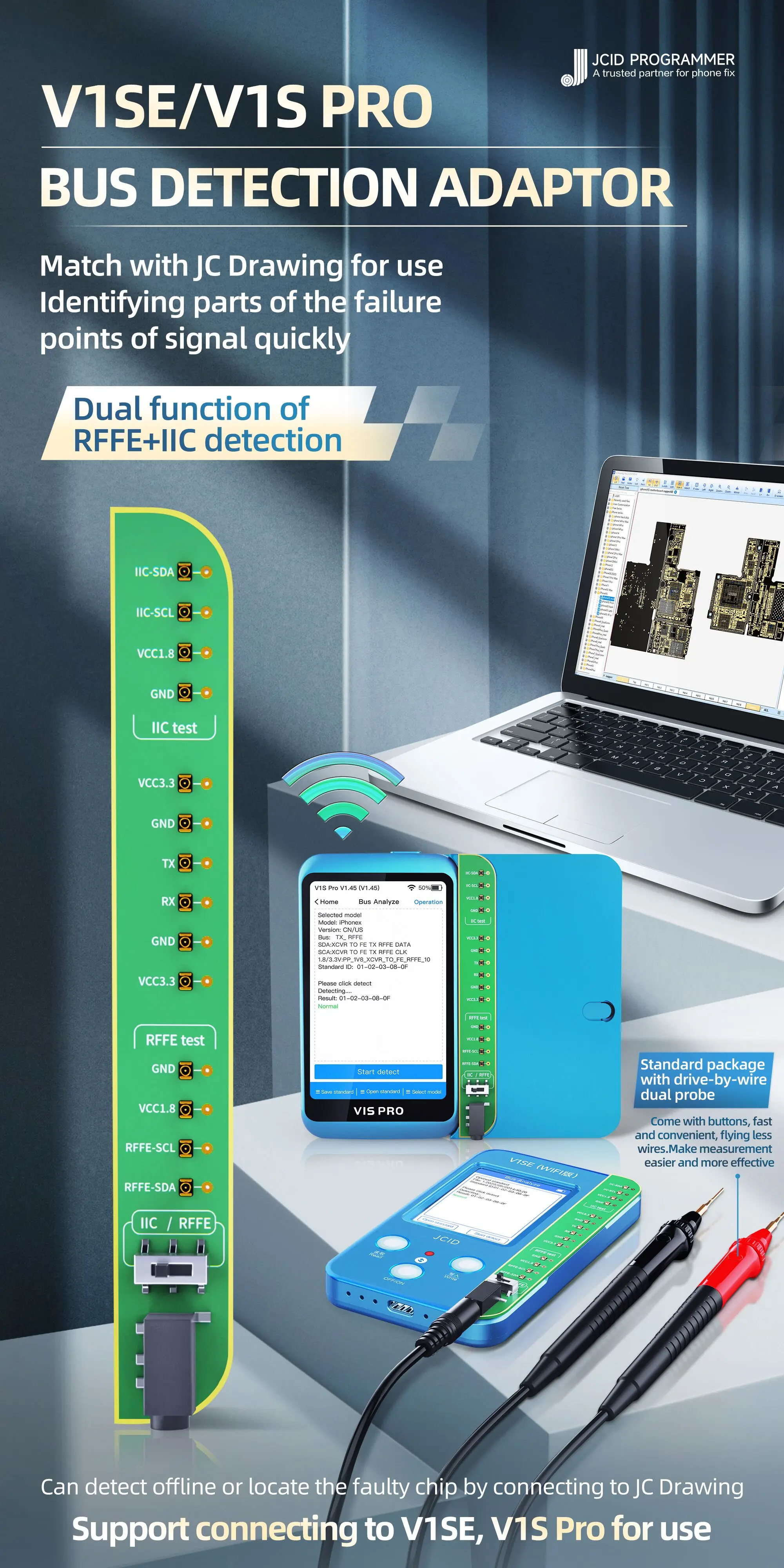 JC JCID V1SE/V1S PRO Bus Detection Board Dual function of RFFE+IIC Detection Adaptor Rapidly Identify the fault location Repair