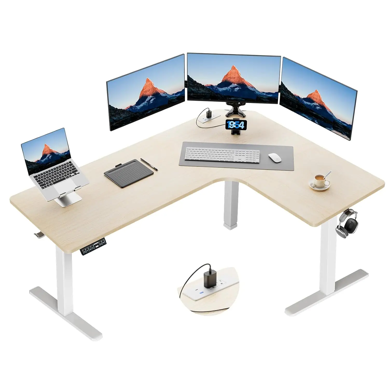 63″ L-Shaped Standing Desk, Built-in Power Outlets, Natural Wood, Customized