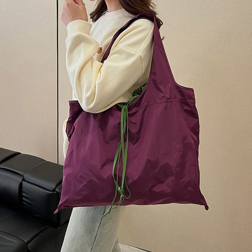 Reusable Drawstring Design Handbag Waterproof Nylon Foldable Shopping Bag Large Capacity Tote Bag Travel Grocery Bag Women