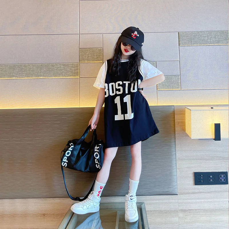 2026 Summer Girls Long T-shirt Dress Korean Cotton Short Sleeved Children Patchwork Letter Casual 6 8 10 12 14 Year Kids Tops