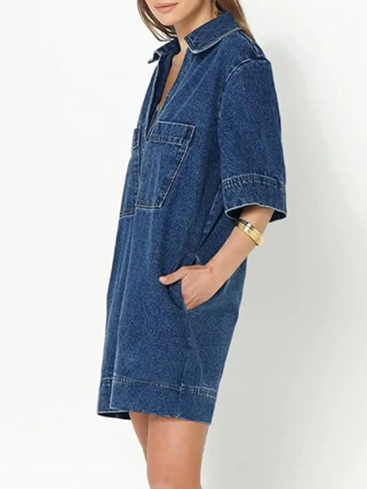 V Neck Pockets Straight Denim Mini Dress Short Sleeve Patchwork Jean Summer Dresses Vintage Casual Streetwear Women Clothing