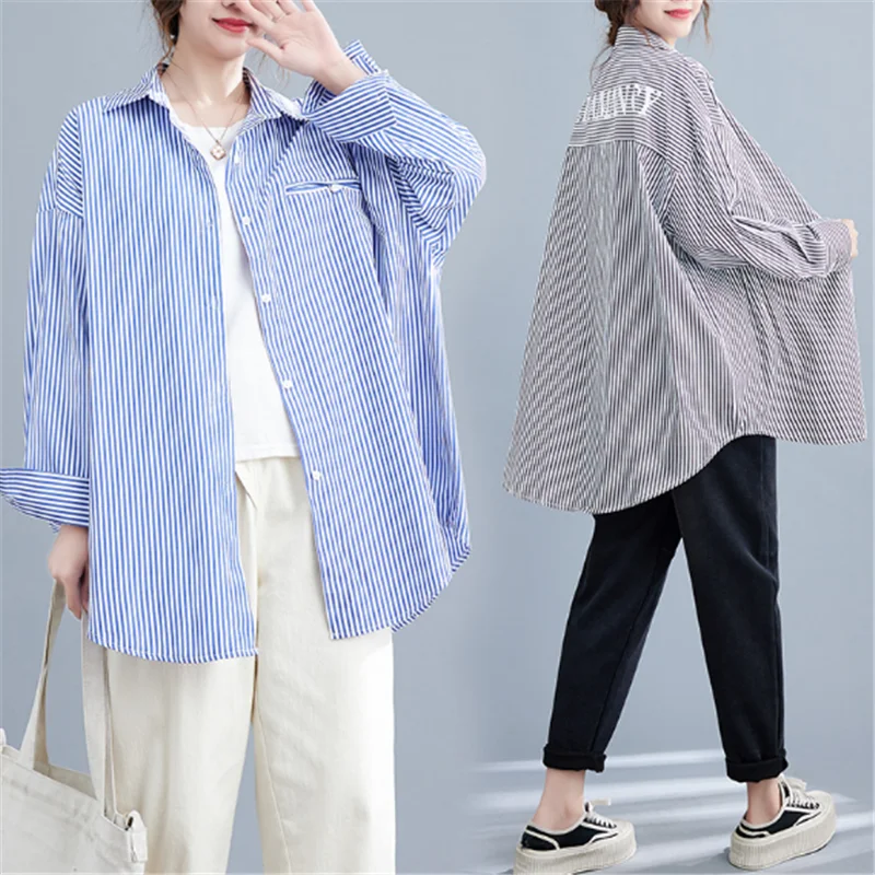 

Real 2023blusas muje Autumn New Large Size Casual Striped Loose Women's Long-Sleeved Single Breasted Cotton And Hemp Shirt Thin