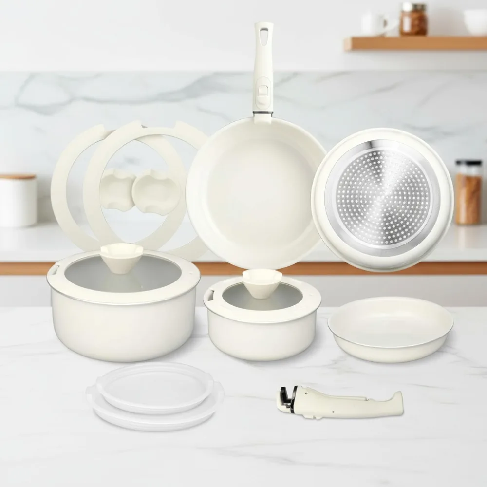 

13Pcs Nonstick Cookware Set, Aluminum Pots & Pans with Detachable Handles, Healthy PFAS Free Kitchen Cooking