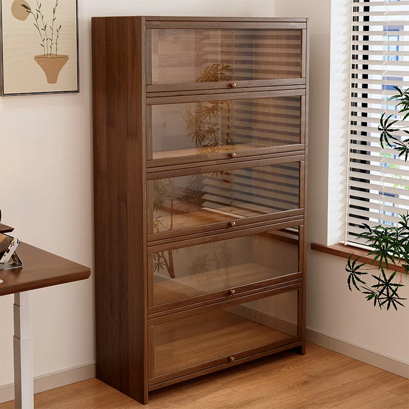 Solid wood dust-proof bookcase integrated against the wall Walnut color storage cabinet Locker Floor storage cabinet Household b