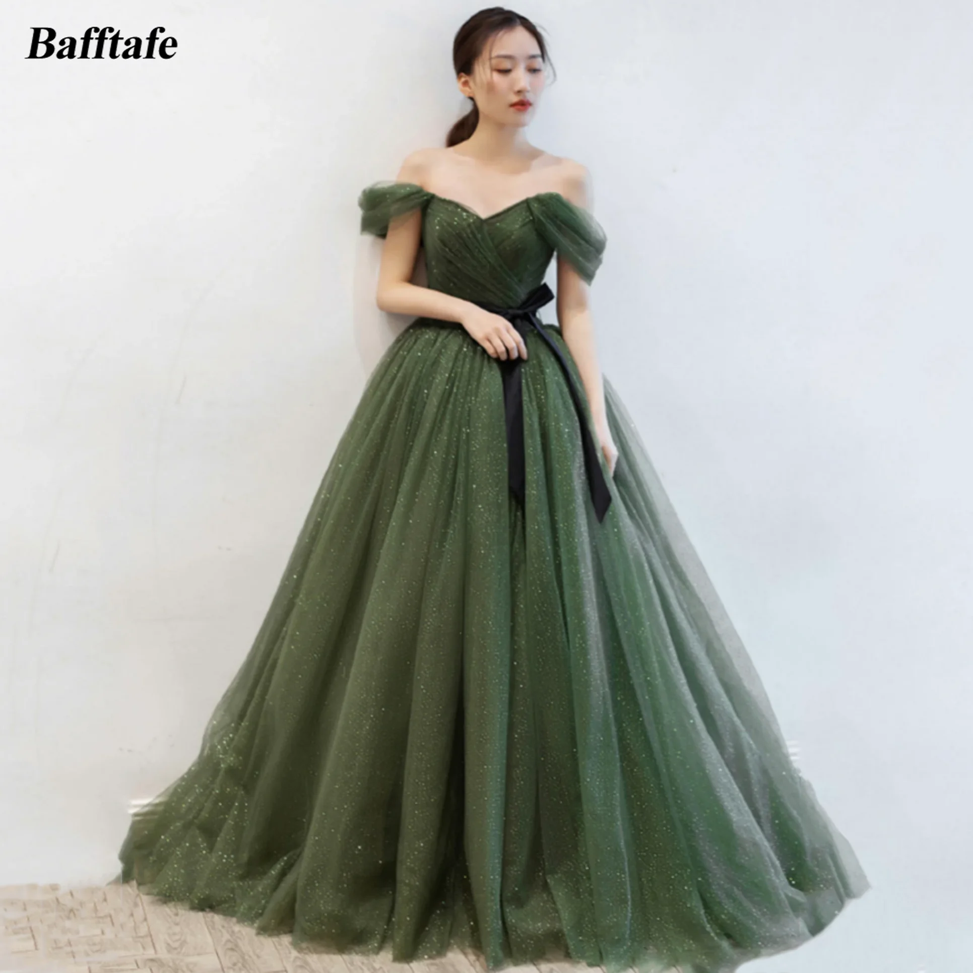 

Bafftafe Shiny Green Tulle Korea Prom Party Dresses Women Off Shoulder Pleat Black Sashes Formal Event Customized Evening Dress