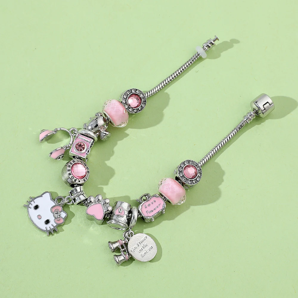 Sanrio Hello Kitty Crystal Beads Bracelet Pink Cat Claws Pendant Fashion Y2K Bangle for Women DIY Jewelry Hand Accessories