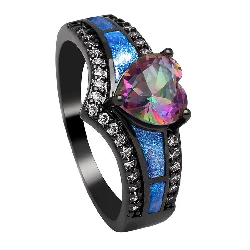 Huitan Special-interested Black Color Rings with Multicolored Heart CZ Luxury Women's Rings Party Anniversary Gift Retro Jewelry